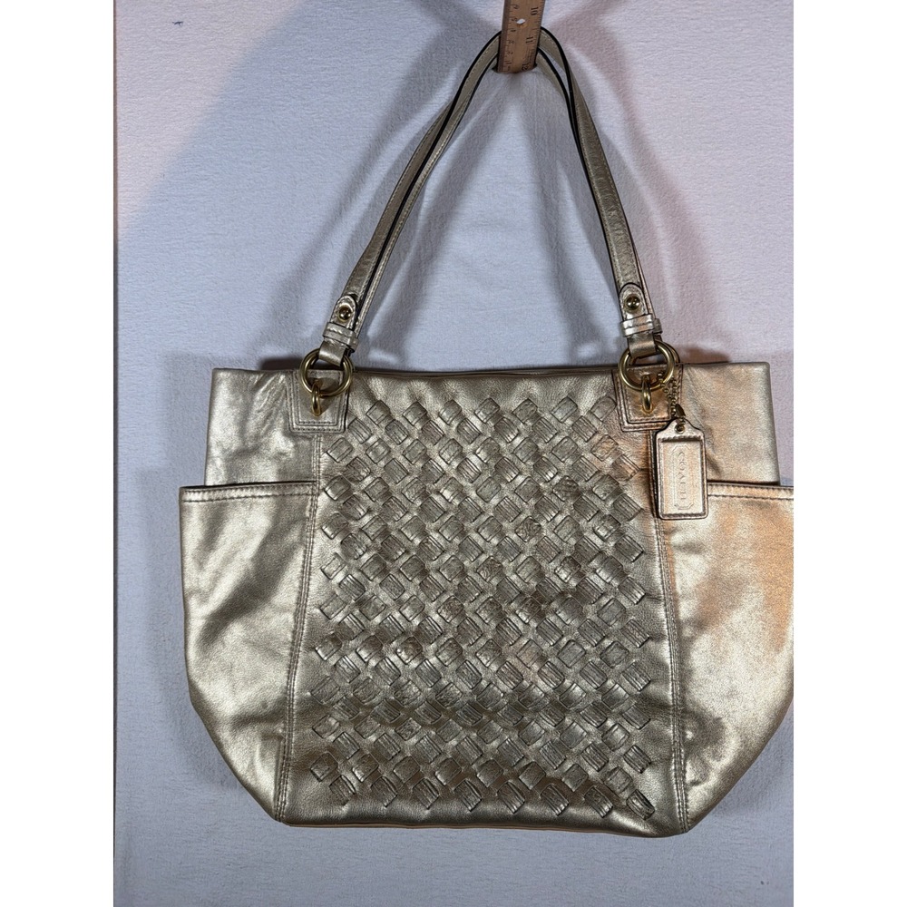 Coach Metallic Gold Woven Leather Tote Shoulder Bag Handbag Gold Tone Hardware